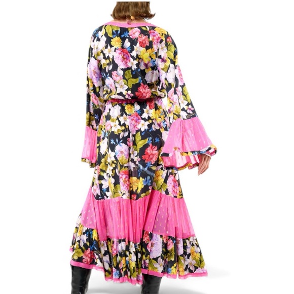 NWT Aratta Flower Bomb High Low Dress Pink Black L/S V-Neck Button Front Small - Picture 4 of 13